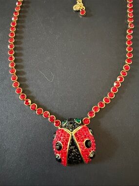 Red Rhinestone Butler and Wilson Ladybug Necklace in Gold Tone